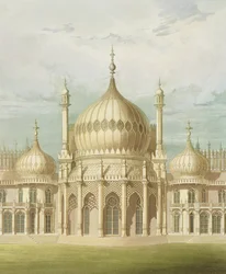 Zewnętrzna część Saloon z Widoków Królewskiego Pawilonu, Brighton autorstwa Johna Nasha, 1826 (druk)